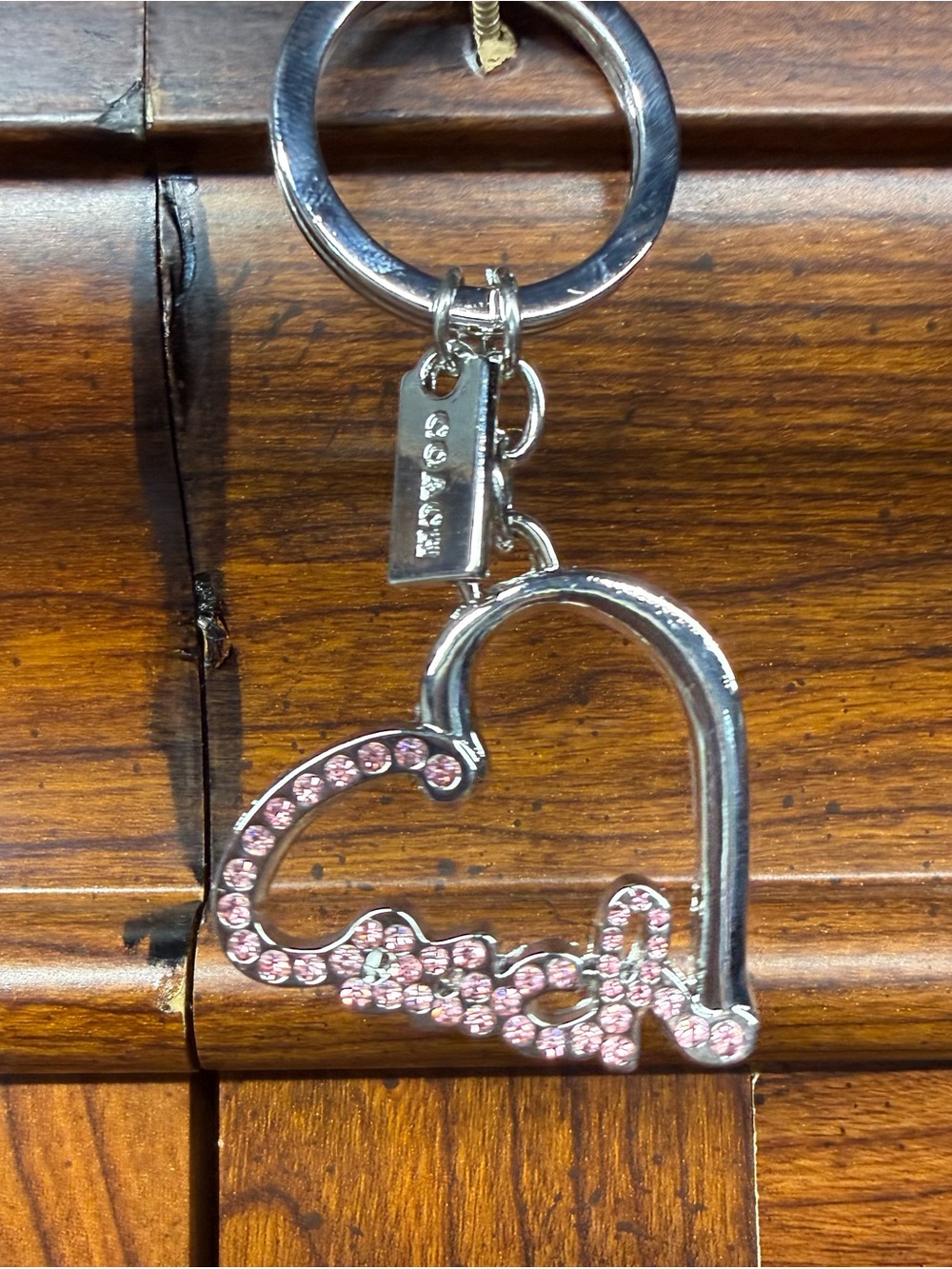 NWOT Vintage Coach Silver/Pink Pave Crystal Heart Keychain.